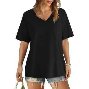 ABOUTYES Summer Tops for Women 2024 Fashionable Solid Color Lightweight Loose Short Sleeve Tshirt V Neck Loose Soft Blouse