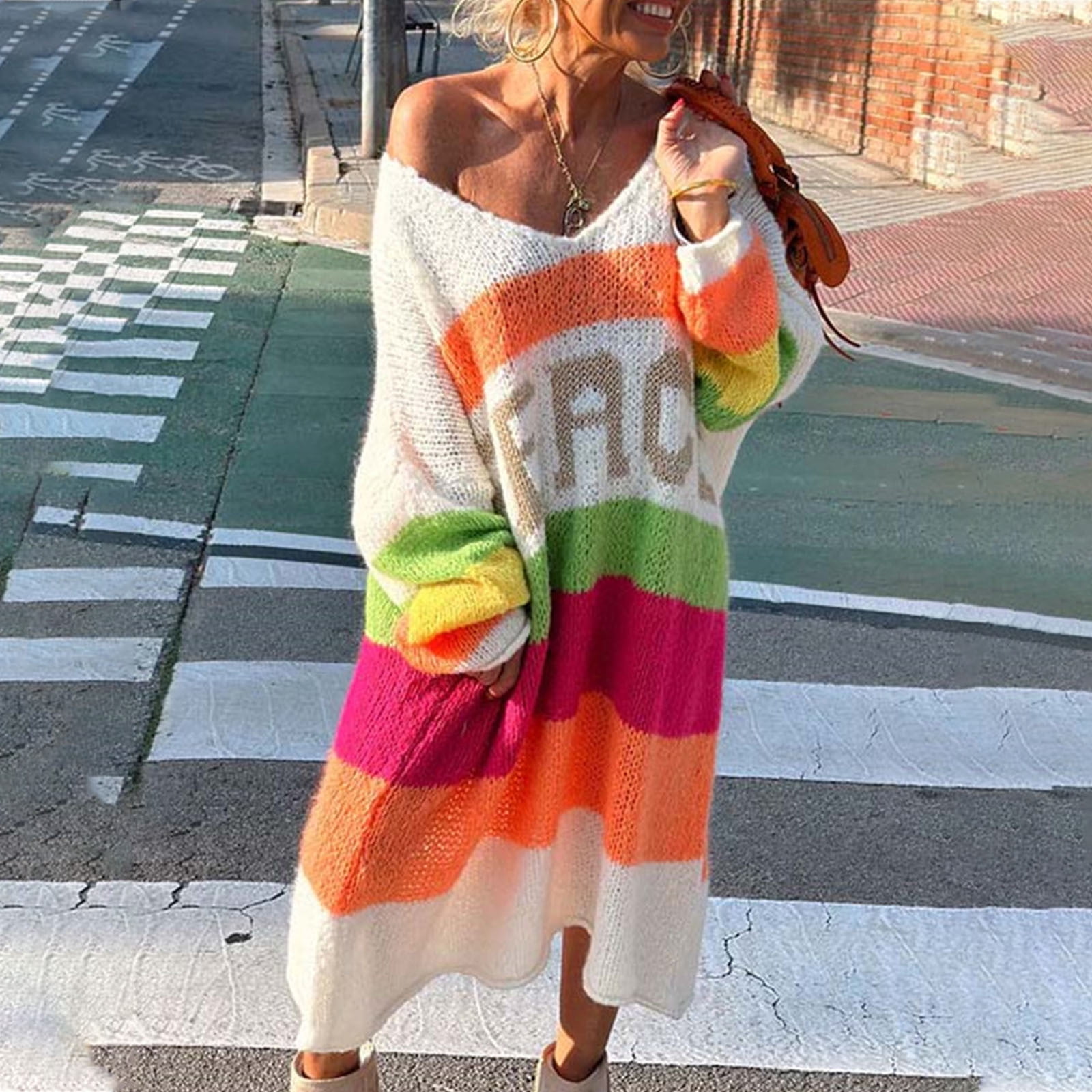 ABOUTYES Women Trendy Oversized Sweater Dress Peace Letter Print Color Block Midi Dresses V Neck Long Sleeve Casual Knit Robe