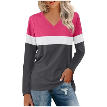 ABOUTYES Women's V Neck Long Sleeve T Shirts Casual Color Block/Solid Tunic Tops Basic Tees