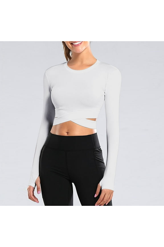Workout Tops for Women with Thumb Hole Long Sleeve Criss Cross Crop Tops Slim Fit Stretch Yoga Gym Athletic Tops Tees