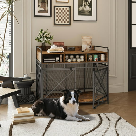 ABOVOBA 48 inch Dog Crate Furniture with Drawers,Wooden Dog Crate for Large Medium Dogs-Rustic Brown