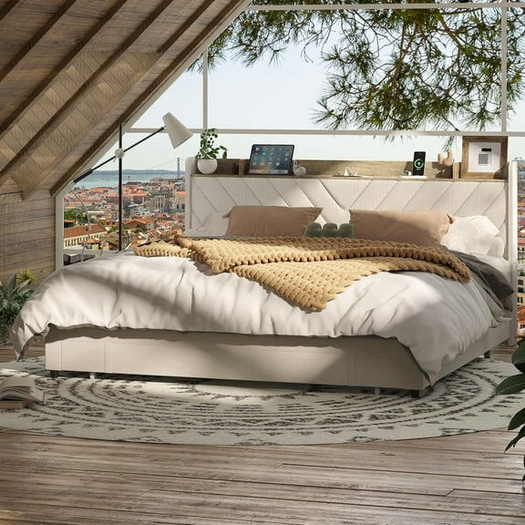 ABOVOBA Bed Frame Queen Size with Charging Station Headboard,Upholstered Platform Bed with 3 Storage Drawers,Beige