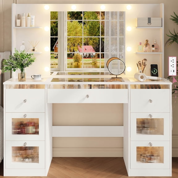 ABOVOBA Glass Top Makeup Vanity with Mirror and 3-Color Lights, 7 Illuminated Drawers plus 4 Open Shelves, Built-in Power Outlet, Light White Dressing Table for Bedroom Women