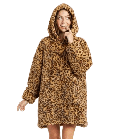 ABOYIART Leopard‑Print Wearable Blanket Hoodie, Oversized Ultra‑Soft Fuzzy Pullover , Thick Warm Loungewear for Men & Women