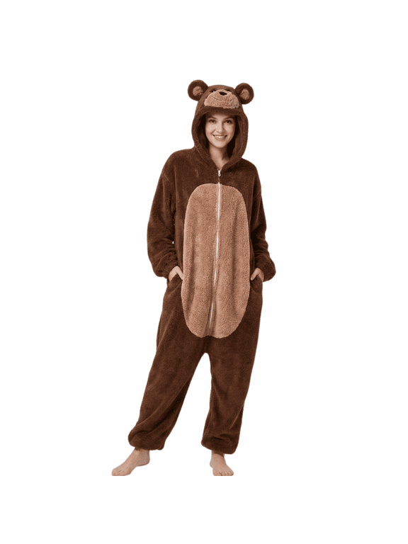 Unisex Adult Brown Bear Hooded Onesie Pajamas, Soft Flannel Animal Loungewear with Side Pockets for Men & Women, S to XXL