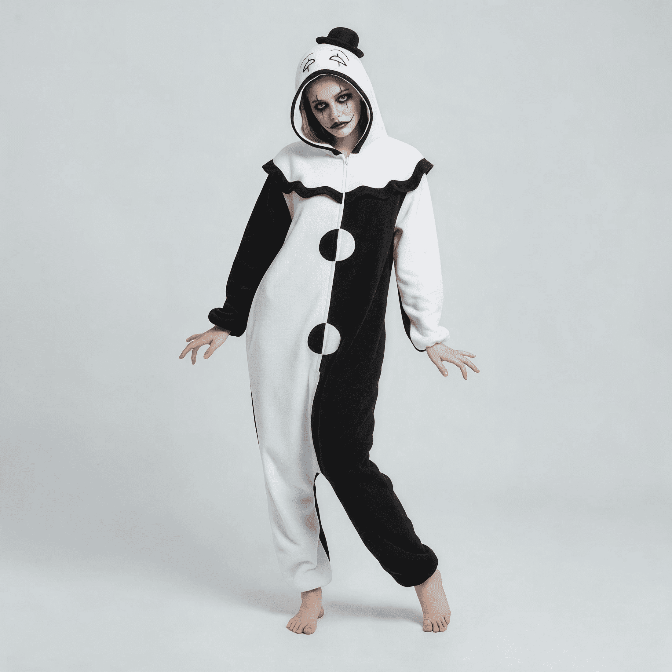 ABOYIART Halloween Black and White Clown Costume, Unisex Adult Hooded Clown Onesie Pajamas for Men & Women, Soft Loungewear with Side Pockets, S‑XXL