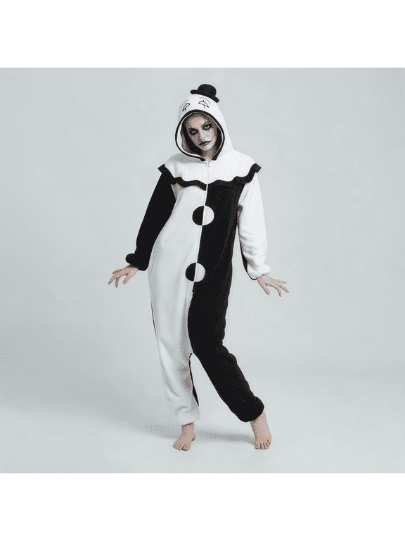 Halloween Black and White Clown Costume, Unisex Adult Hooded Clown Onesie Pajamas for Men & Women, Soft Loungewear with Side Pockets, S‑XXL