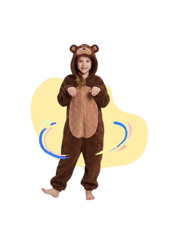 Unisex Kids Brown Bear Hooded Onesie Pajamas, Soft Flannel One Piece Sleepwear with Giant Pockets, Boys Girls Cosplay Homewear