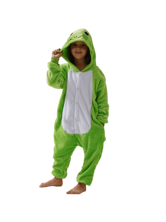 Unisex Kids Frog Hooded Onesie Pajamas, Soft Flannel One Piece Sleepwear with Giant Pockets, Boys Girls Cosplay Homewear