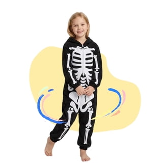 ABOYIART Unisex Kids Skeleton Hooded Onesie Pajamas, Soft Flannel One Piece Sleepwear with Giant Pockets, Boys Girls Cosplay Homewear