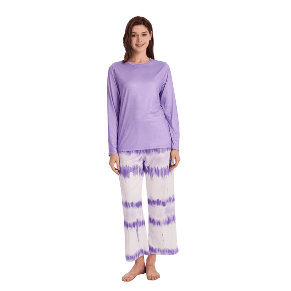ABOYIART Women's 2PC Pajama Set, Purple Tie Dye Gradient, Long Sleeve Wide Leg Pants, Plus Size Soft Casual Loungewear, Mother's Day Gift