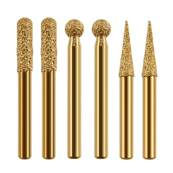 ABPETE 1/4" Shank 6Pcs Gold Brazed Diamond Router Bit Set, Coarse Grit for Stone Engraving, Granite/Ceramic Hole Enlarging, DIY Grinding, High Precision & Durable
