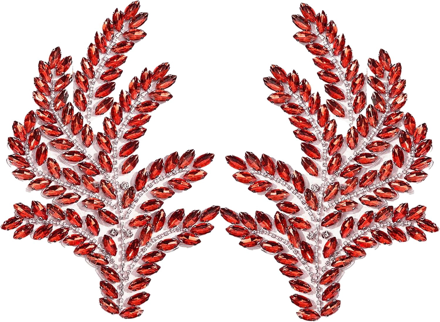 ABPETE 1 Pair Green Leaf Rhinestones Applique, Handmade Crystal Beaded Rosemary Iron on Patches for Bridal Dress Jeans Hat Bag Jacket Embellishment,Bedazzling Gems for Craft(Red)