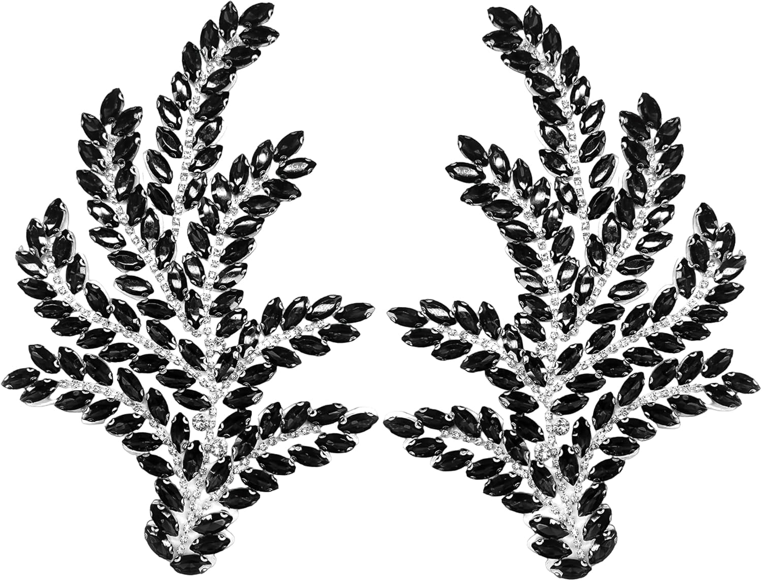 ABPETE 1 Pair Green Leaf Rhinestones Applique, Handmade Crystal Beaded Rosemary Iron on Patches for Bridal Dress Jeans Hat Bag Jacket Embellishment,Bedazzling Gems for Craft(Black)