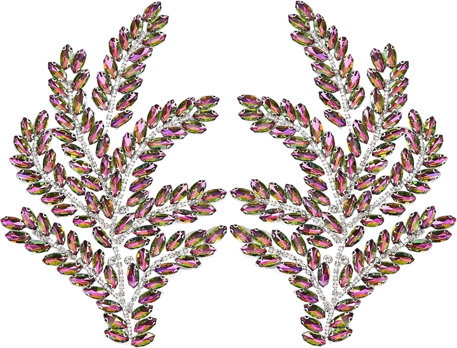ABPETE 1 Pair Green Leaf Rhinestones Applique, Handmade Crystal Beaded Rosemary Iron on Patches for Bridal Dress Jeans Hat Bag Jacket Embellishment,Bedazzling Gems for Craft(Colorful)
