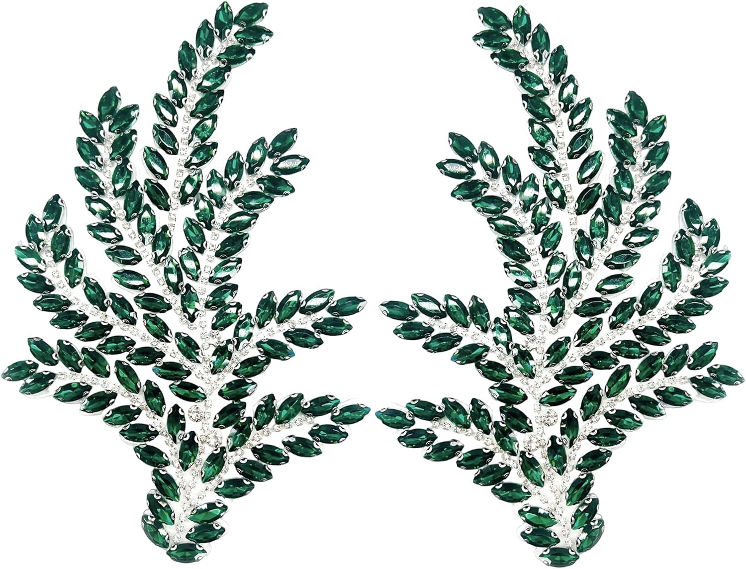 ABPETE 1 Pair Green Leaf Rhinestones Applique, Handmade Crystal Beaded Rosemary Iron on Patches for Bridal Dress Jeans Hat Bag Jacket Embellishment,Bedazzling Gems for Craft(Emerald)