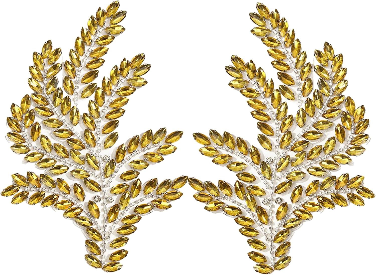 ABPETE 1 Pair Green Leaf Rhinestones Applique, Handmade Crystal Beaded Rosemary Iron on Patches for Bridal Dress Jeans Hat Bag Jacket Embellishment,Bedazzling Gems for Craft(Gold)