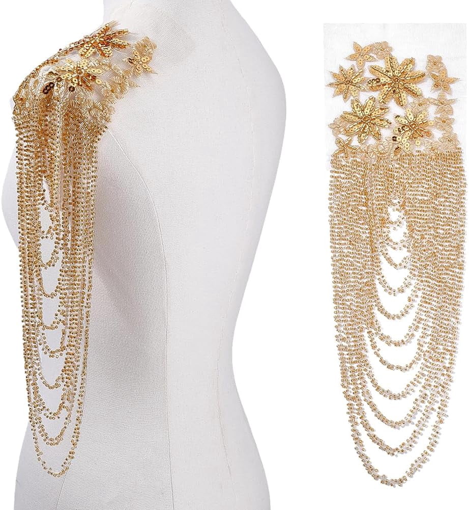 ABPETE 1 Pair Handmade 3D Flower Rhinestone Applique 14.96~16.54inch Long Goldenrod Sewing Crystal Fringe Beads Sequins Patches Embroidery Beaded Epaulettes for Evening Gown Wedding Dress Decor