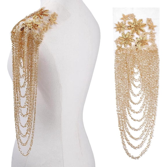 ABPETE 1 Pair Handmade 3D Flower Rhinestone Applique 14.96~16.54inch Long Goldenrod Sewing Crystal Fringe Beads Sequins Patches Embroidery Beaded Epaulettes for Evening Gown Wedding Dress Decor