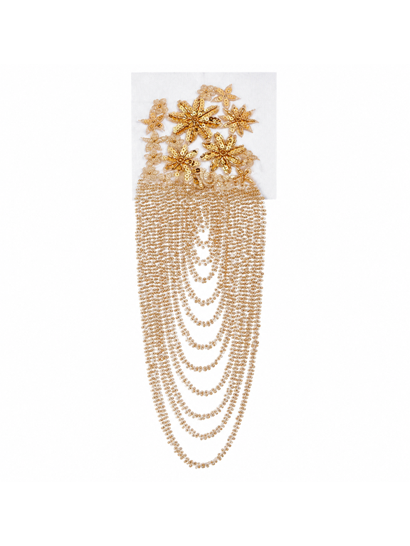 1 Pair Handmade 3D Flower Rhinestone Applique 14.96~16.54inch Long Goldenrod Sewing Crystal Fringe Beads Sequins Patches Embroidery Beaded Epaulettes for Evening Gown Wedding Dress Decor