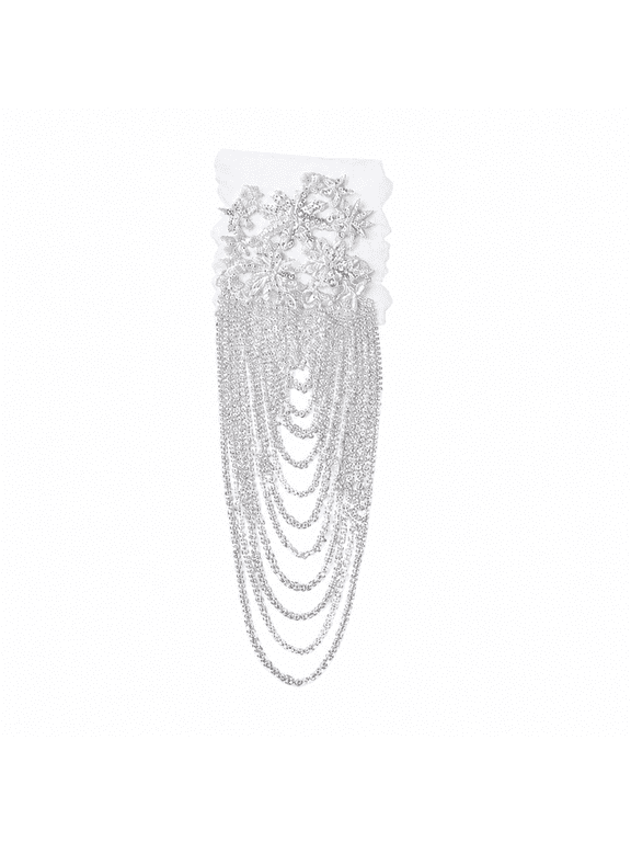 1 Pair Handmade 3D Flower Rhinestone Applique 14.96~16.54inch Long White Sewing Crystal Fringe Beads Sequins Patches Embroidery Beaded Epaulettes for Evening Gown Wedding Dress Decor