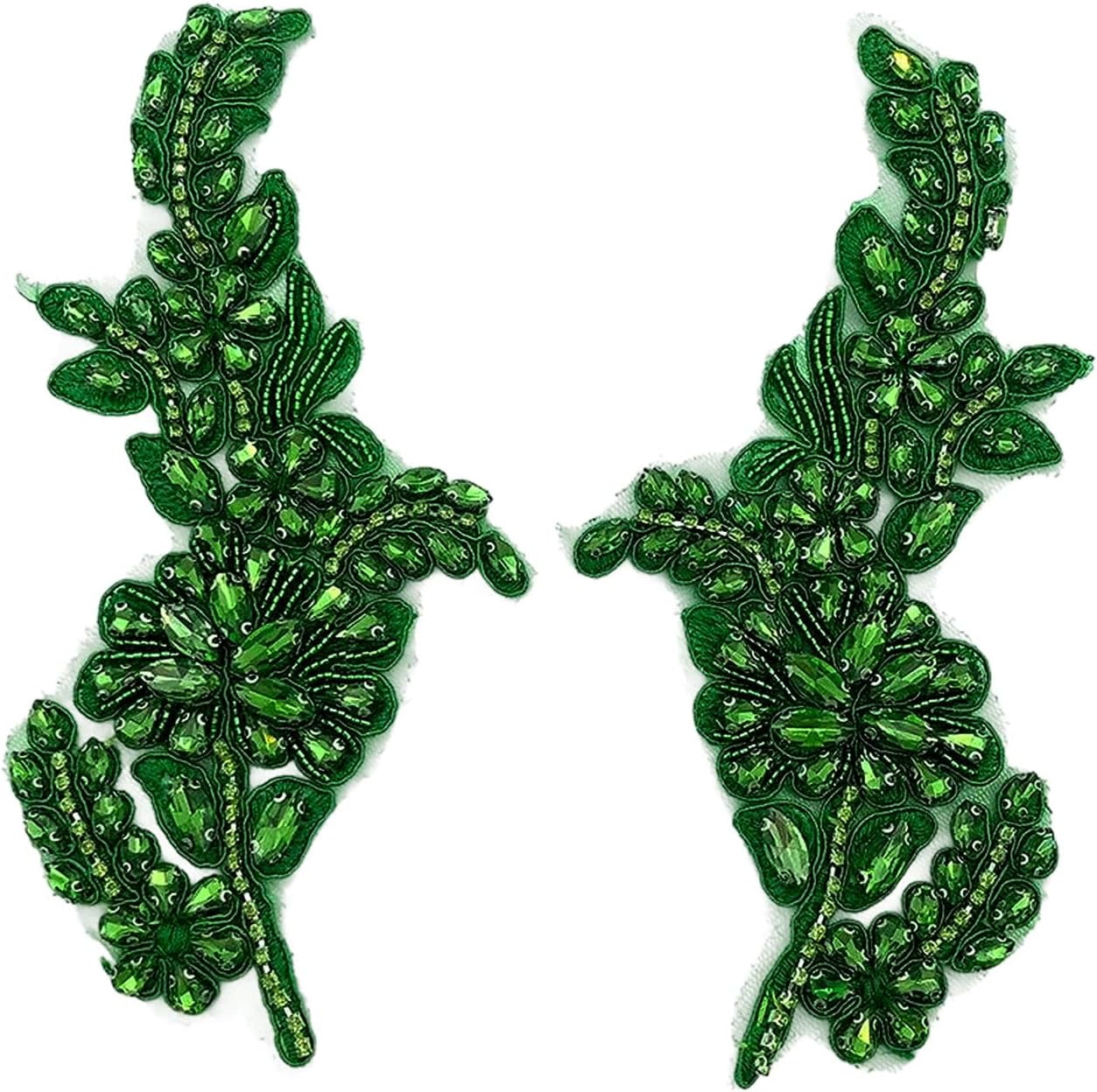 ABPETE 1 Pair Handmade Flower Rhinestone Applique for Clothes, Crystal Fabric Patches for Wedding Dress, Bling Beaded Embroidery Lace Applique for Hat Hairband Sewing Embellishment (Green)