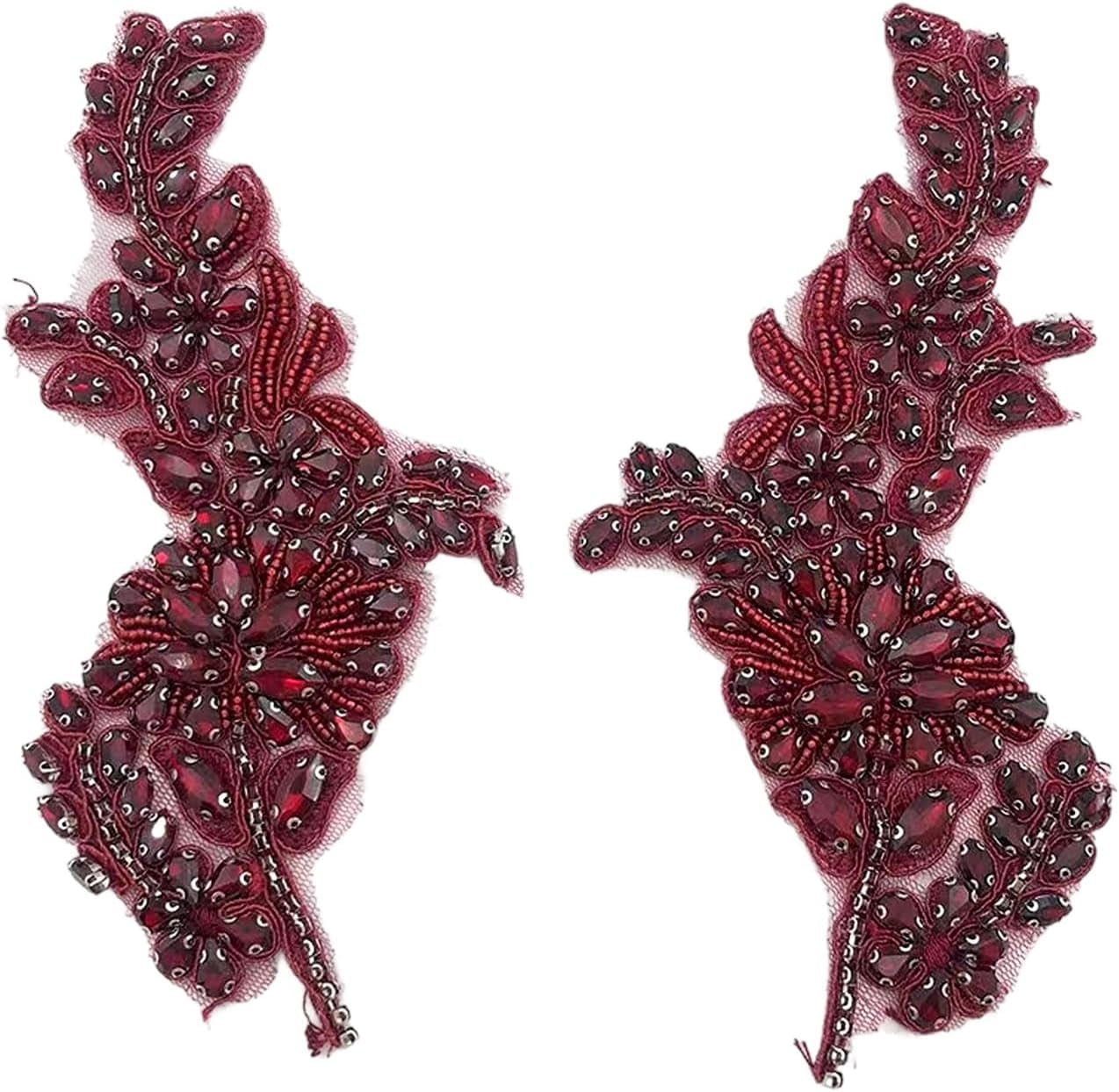 ABPETE 1 Pair Handmade Flower Rhinestone Applique for Clothes, Crystal Fabric Patches for Wedding Dress, Bling Beaded Embroidery Lace Applique for Hat Hairband Sewing Embellishment (Burgundy)