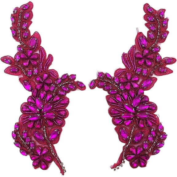 ABPETE 1 Pair Handmade Flower Rhinestone Applique for Clothes, Crystal Fabric Patches for Wedding Dress, Bling Beaded Embroidery Lace Applique for Hat Hairband Sewing Embellishment (Hot Pink)