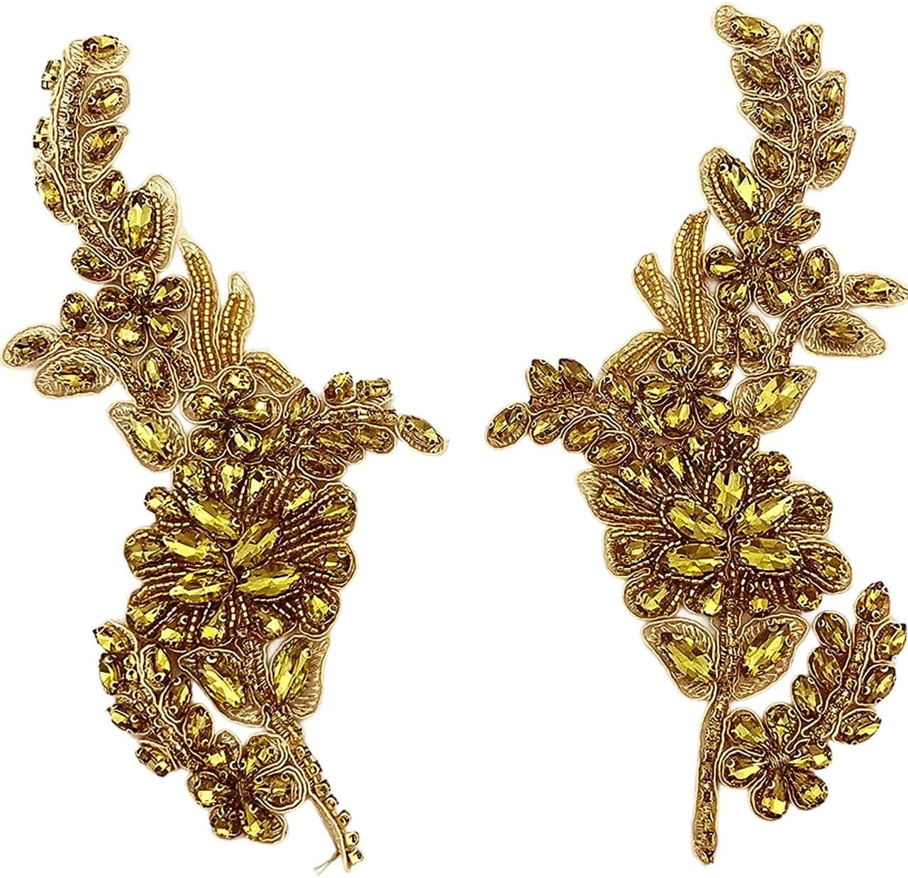 ABPETE 1 Pair Handmade Flower Rhinestone Applique for Clothes, Crystal Fabric Patches for Wedding Dress, Bling Beaded Embroidery Lace Applique for Hat Hairband Sewing Embellishment (Gold)