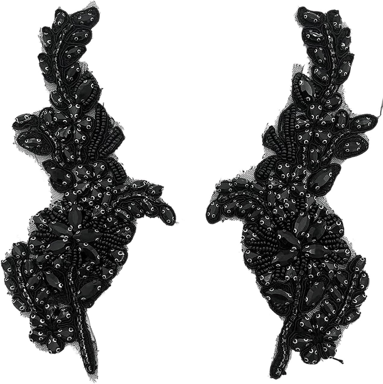 ABPETE 1 Pair Handmade Flower Rhinestone Applique for Clothes, Crystal Fabric Patches for Wedding Dress, Bling Beaded Embroidery Lace Applique for Hat Hairband Sewing Embellishment (Black)