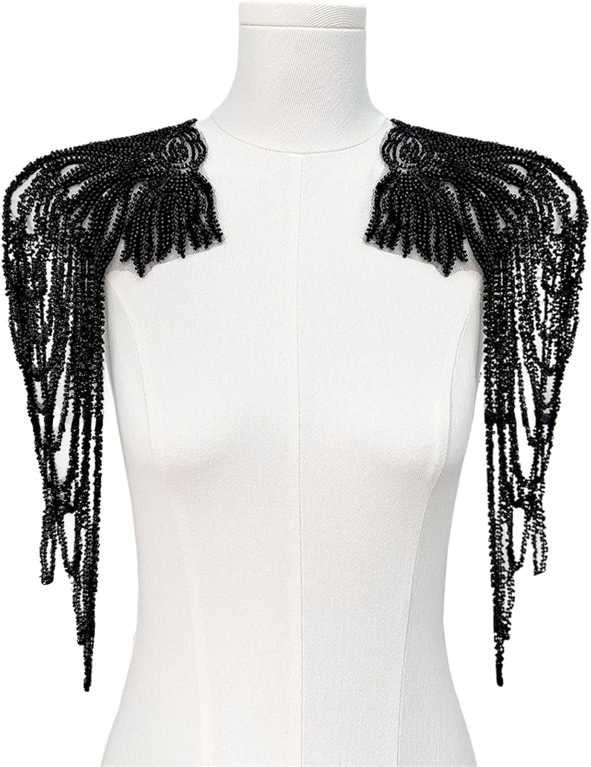 ABPETE 1 Pair Handmade Rhinestone Applique for Clothes, Sparkle Crystal Sewing Patches for Wedding Dress, Glass Beads Fringe Epaulettes for Shoulder Bodice Jacket Party Embellishment (Black)
