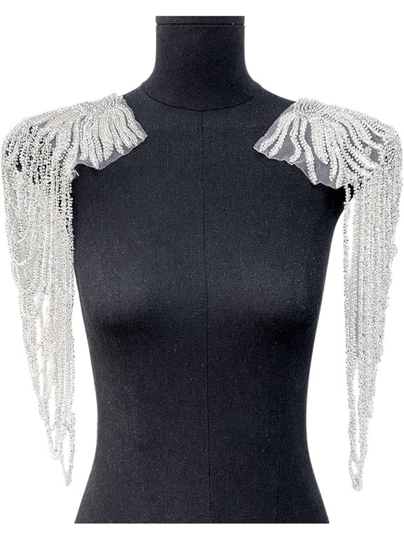 ABPETE 1 Pair Handmade Rhinestone Applique for Clothes, Sparkle Crystal Sewing Patches for Wedding Dress, Glass Beads Fringe Epaulettes for Shoulder Bodice Jacket Party Embellishment (White)