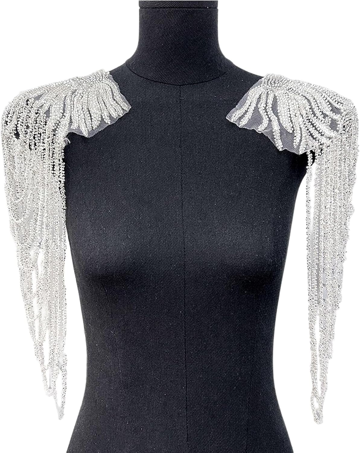 ABPETE 1 Pair Handmade Rhinestone Applique for Clothes, Sparkle Crystal Sewing Patches for Wedding Dress, Glass Beads Fringe Epaulettes for Shoulder Bodice Jacket Party Embellishment (White)