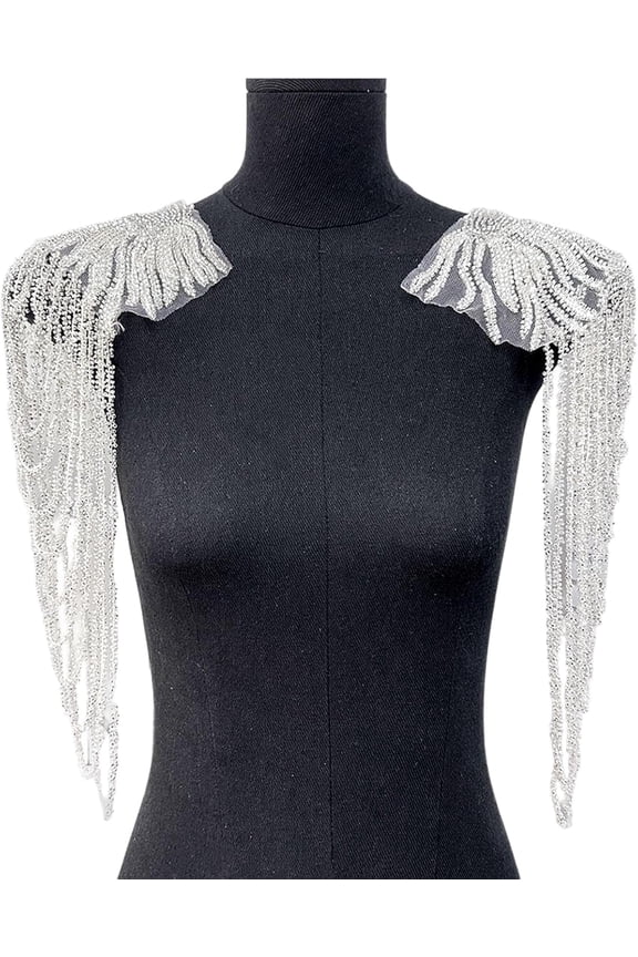 1 Pair Handmade Rhinestone Applique for Clothes, Sparkle Crystal Sewing Patches for Wedding Dress, Glass Beads Fringe Epaulettes for Shoulder Bodice Jacket Party Embellishment (White)