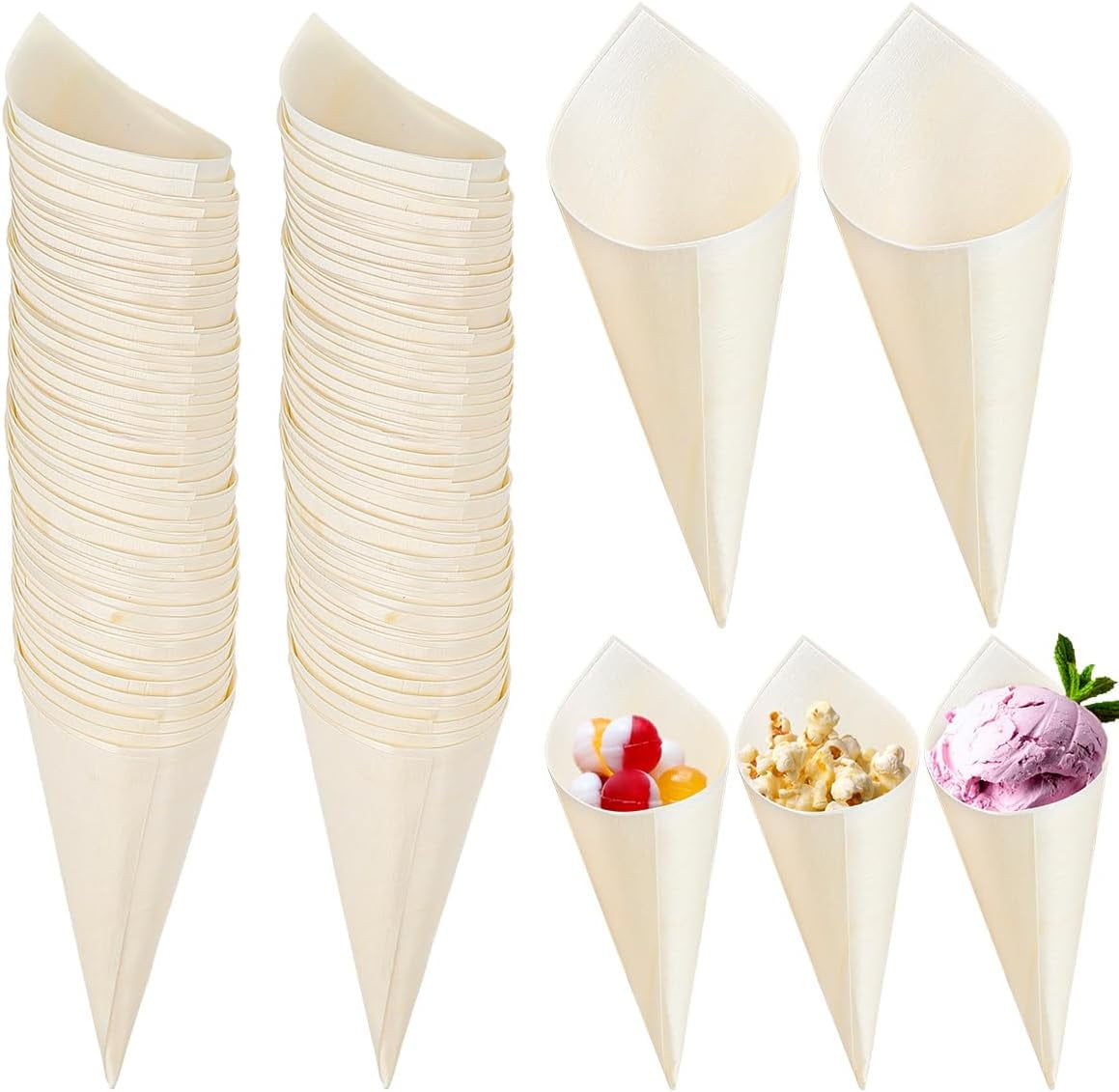 ABPETE 100Pcs Disposable Wood Cones Tasting Cones Serving Cones for Ice Cream Fries Appetizers Wedding Birthday Party Supplies, 5Inch