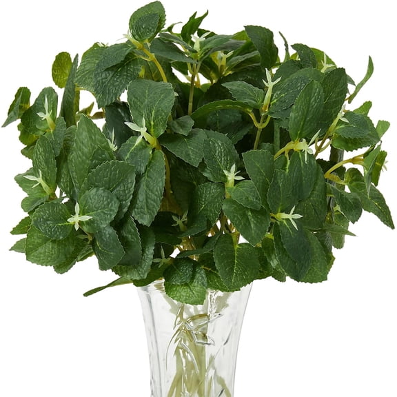 ABPETE 12pcs Artificial Mint Plant, Faux Greenery Plastic Houseplant Faux Stems Greenery for Garden Patio Planter Pathway Porch Kitchen Window Decor