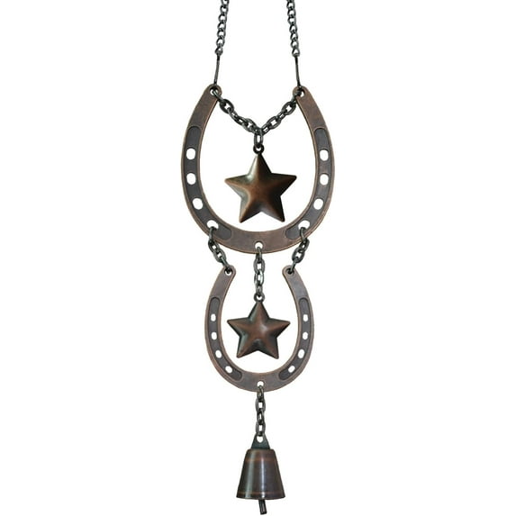 ABPETE 15-inch Height Horseshoe Wall Decor Hanging, Western Horse Decoration with Metal Stars and Witch Bell, Indoor Outdoor Lucky Horseshoes Decor Hanging Ornaments (Copper)