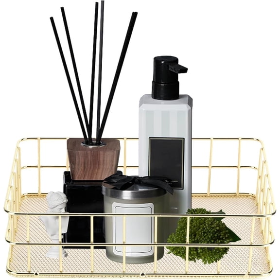 ABPETE 1Pcs Wire Mesh Baskets, 9.6 x 6.5in Golden Desktop Metal Storage Basket Iron Grid Storage Tray Net Basket Storage Bins