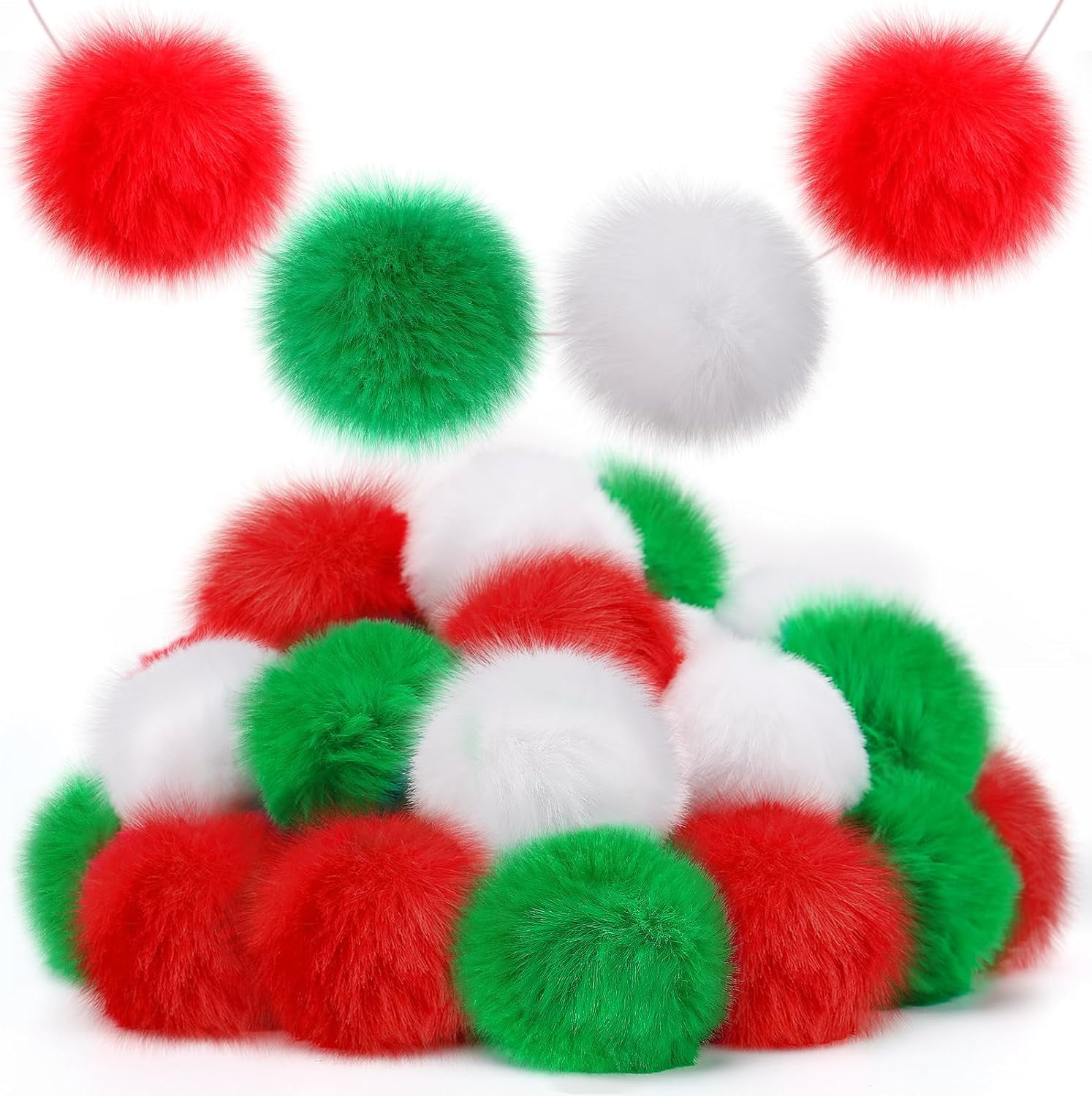 ABPETE 2'' Large Pom Poms for Crafts - 30 pcs Faux Fur Pompoms Fluffy Balls for Fall Decorations Christmas Handmade Gifts, Red/Green/White