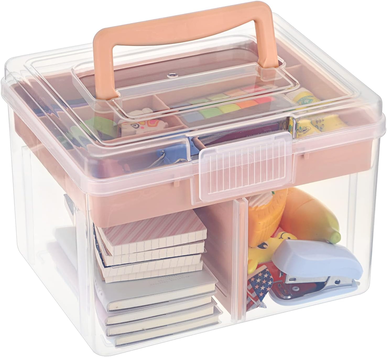 ABPETE 2 Layer Clear Plastic Dividing Storage Box with Removable Tray Multipurpose Stationery Storage Box with Handle Portable Sewing Box Art Craft Supply Organizer Home Utility Box (Small Pink)