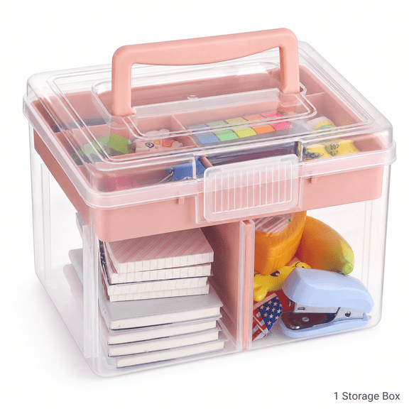 ABPETE 2 Layer Clear Plastic Storage Box, Small Multipurpose Organizer with Removable Tray and Handle, Divided Stationery and Sewing Box for Art Crafts, Office and Home, Pink