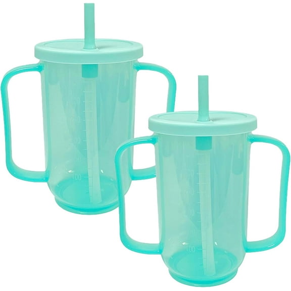 ABPETE 2 Pack Adult Sippy Cups for Elderly 12oz No Spill Cup for Adults Dysphagia Cups with 2 Handles Straw for Disabled Patients Limited Mobility