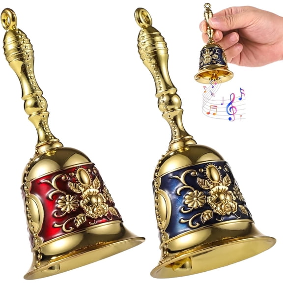 ABPETE 2 Pack Engraved Metal Hand Bells - Loud Call Bell for Elderly Care, Wedding, Christmas & Classroom - Vintage Floral Decorative Brass Service Bell with Handle.