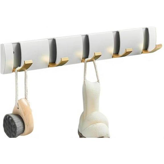 ABPETE 2 Pack Foldable Stylish Modern Hook Rack with 5 Hooks, Coat Hooks Wall Mount, Metal Coat Hook Rail for Coat Hat Towel Purse Robes Mudroom Bathroom Entryway (White and Gold)