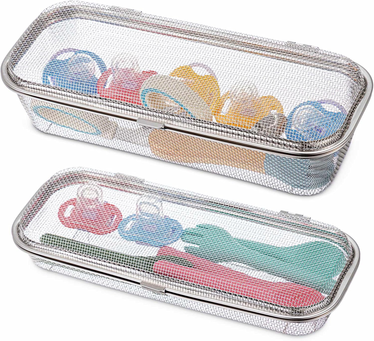 ABPETE 2 Pack Stainless Steel Dishwasher Basket, Replacement Utensil Mesh Drain for Small Bottle Parts, Pacifiers, and Accessories, Scoops, Forks, Chopsticks Cleaning (Large+medium)