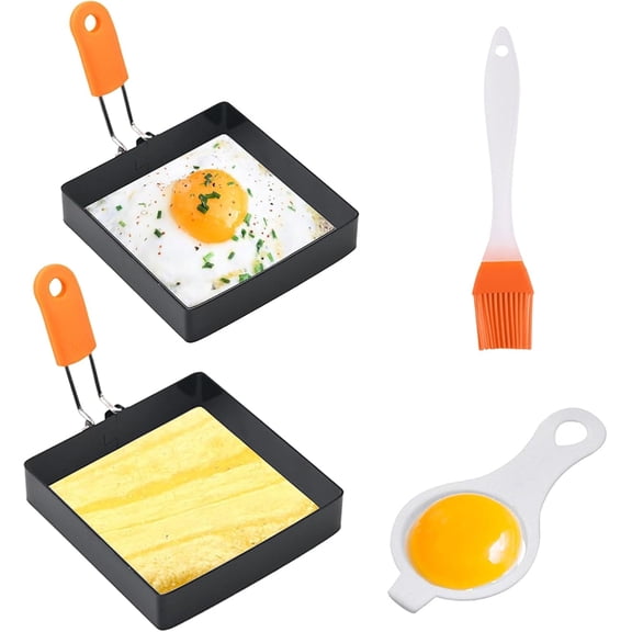 ABPETE 2 Pcs 4 In Square Egg Ring for Frying,Egg Pancake Cooking Rings,Non Stick Stainless Steel Omelet Maker,Equipped with silicone insulated handle,oil brush,and egg separator