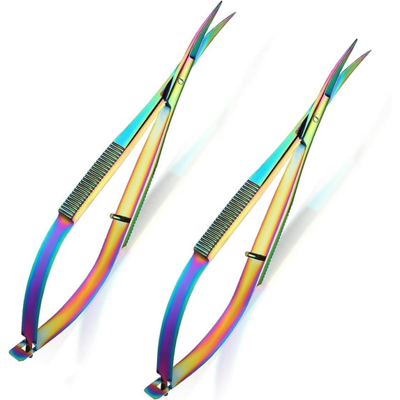 ABPETE 2 Pieces 4. 7 Inch Eyebrow Scissors Curved Tip Embroidery Scissors Spring Action Stainless Steel Cutting Eyebrow Trimming Craft(Multi-color)