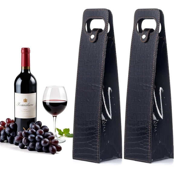 ABPETE 2 Pieces Leather Wine Gift Bag, Single Wine Champagne Gift Bag, Portable Bottle Wine Tote with Handle, Wine Tote Carrier for Birthday, Wedding, Picnic Party, Christmas (black)