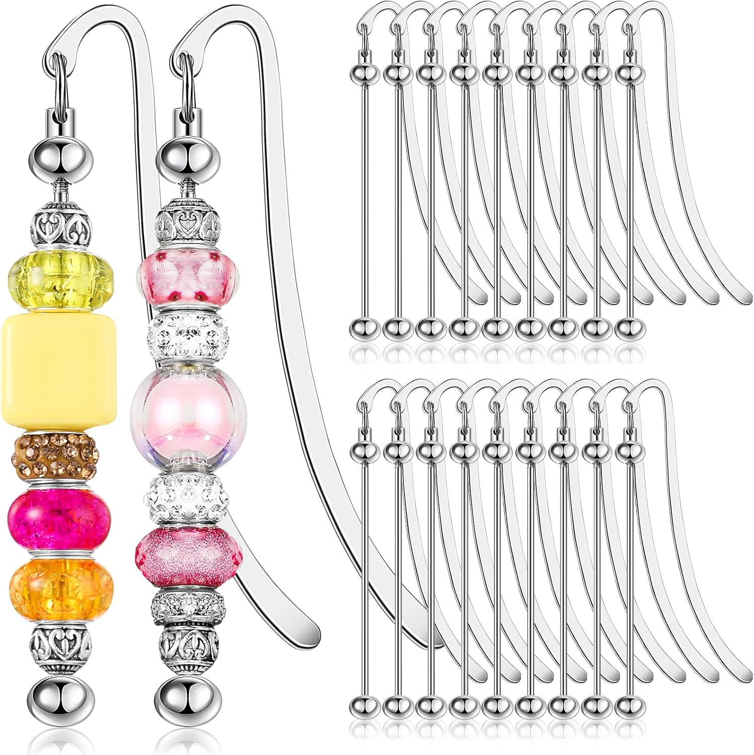 ABPETE 20 Pcs Beadable Bookmarks DIY Metal Blank Bar Bookmark for Beads Modern Bead Craft Jewelry Pendant Charm Gift for Book Lovers Student Teacher Office Supplies(Silver)