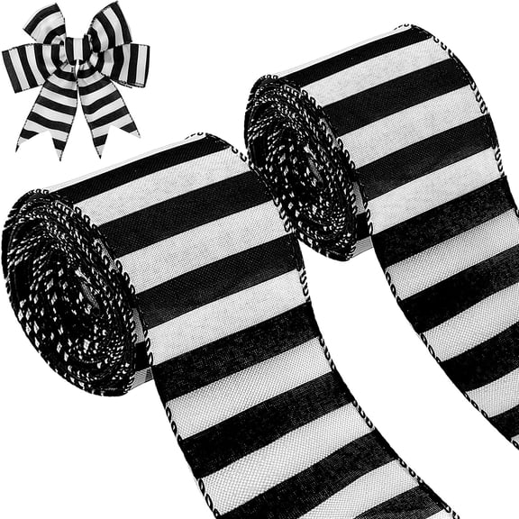 ABPETE 20 Yards 2 Rolls Black and White Ribbon Horizontal Striped Decorative Garland Ribbons Spiral Wired Ribbon for Christmas Tree Decor Xmas Wrapping DIY Crafts Decoration(Stripe,2.5 Inch Wide)
